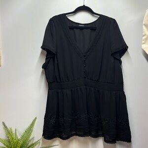 Torrid Peplum Black Smocked Short Sleeve Top Button Blouse Sz 3 Career Office